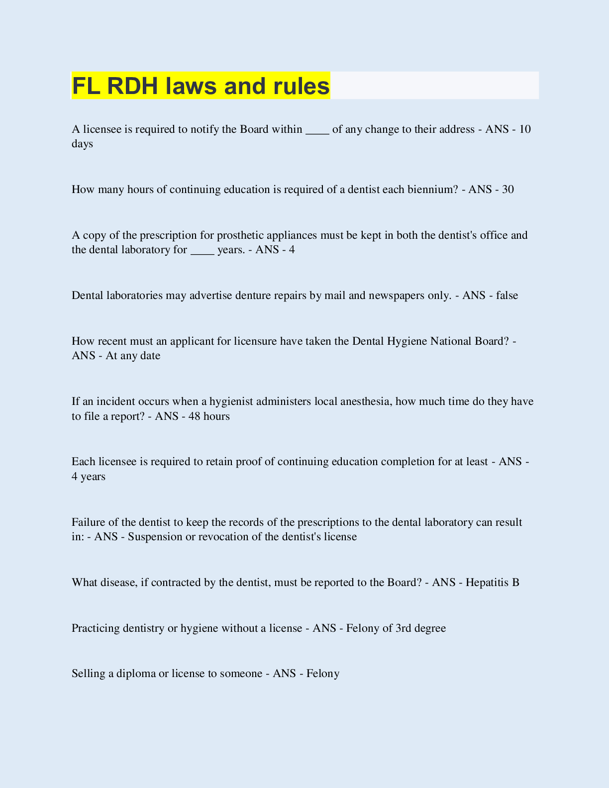 Preview image for FL RDH laws and rules  | 90 Questions with 100% Correct Answers | Updated & Verified